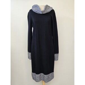 Magaschoni 100% Cashmere Sweater Dress L Black Gray Cowl Neck Long Sleeve Cozy